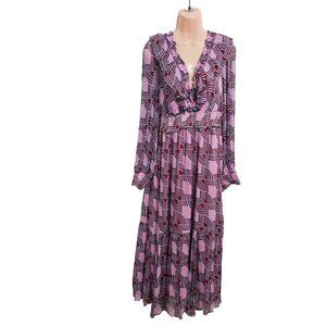 Anthropologie The Odetta Ruffled V Neck Midi Dress Women Size L Long Sleeve